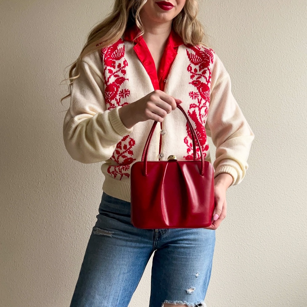 Vintage 1950s Ruby Red Leather Structured Handbag - image 2